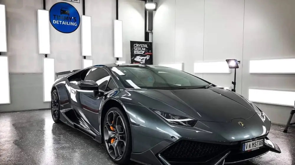 dark grey Lamborghini Huracan LP610-4 located at a detailing shop in Melbourne